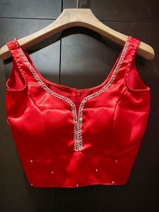 Red Satin Blouse with Intricate Beading