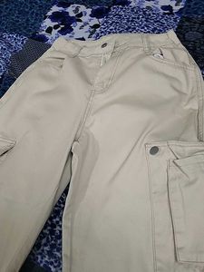 Beige Wide Leg Cargo Pants