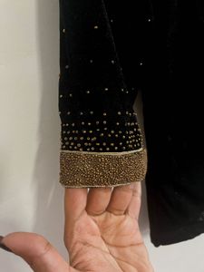 Gold  Skirt And Black Embellished Velvet Top