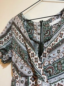 Korean Green Pattern V Neck Dress