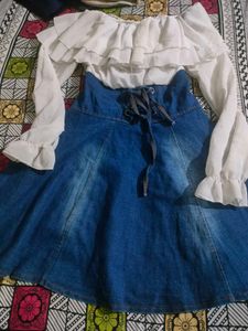 Denim Skirt &amp; Ruffle Blouse Set