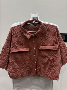 Brown Waffle Oversized Knit Crop Top