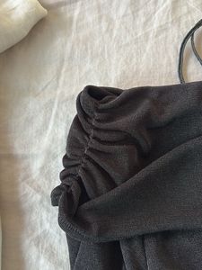 Tie neck ruched off the shoulder long sleeve top