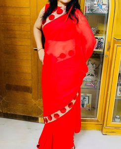 Red Colour Beautiful Saree With Stitches Stylish B