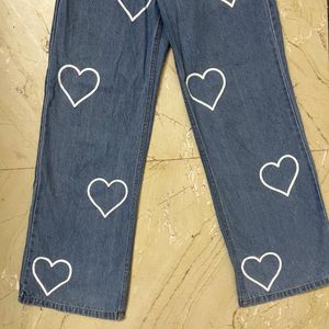 SASSAFRAS- Wide Leg Heart Print Blue Jeans
