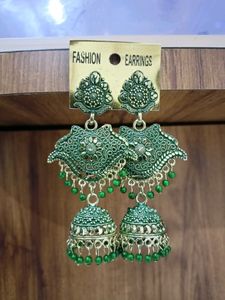 Traditional Ethnic Long Green Earrings
