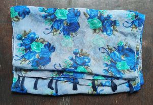 Blue Printed Chiffon Scarf With Tassels