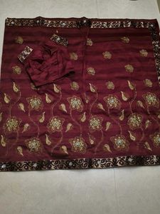 Maroon Embroidered Saree with stitched blouse