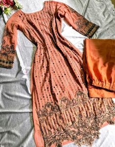 Elegant Peach Embroidered Kurta Set