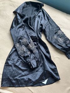 Black Embroidered Wrap Dress