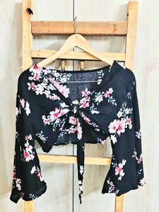 Black Printed Cotton Crop Top Size-28-30