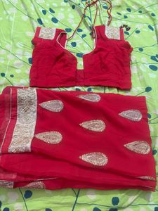 Bridal red saree With Stitched Blouse