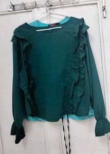 Green Ruffle Trim Blouse