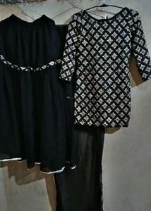 Black Embroided Kurti With Garara &amp; Dupatta Set