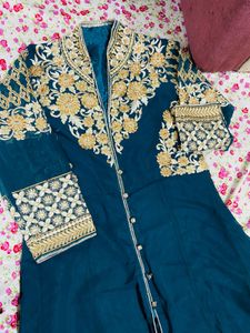 peacock green color gown dress with pants … front