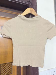 Casual Beige Ribbed T-Shirt