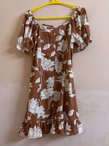 Brown And White Floral Print Tie Up Neck Dress