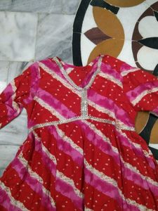 Aaliyah Cut Red &amp; Pink Bandhani Frock
