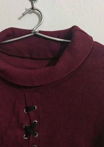 Turtle Neck Burgundy Lace-Up Crop Top Sweater