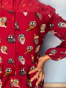 Red Owl Print Dress