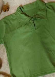 Fennel Green Polo Neck Ribbed Crop Tshirt