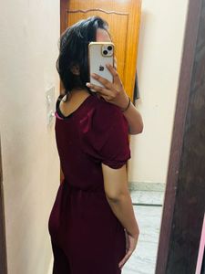 Elegant Maroon Puff Sleeve Jumpsuit |