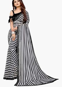 Black & White Striped  Sequined Border Saree