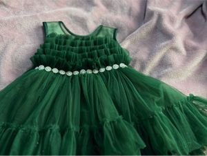 Bottle Green Glittery Net Birthday Frock