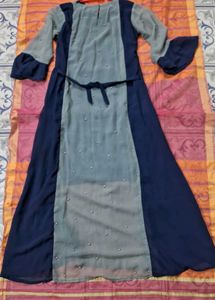 Elegant Pearl-Embellished Colorblock Maxi Dress