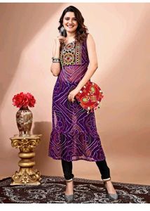 Bandhani Print Purple Straight Kurti