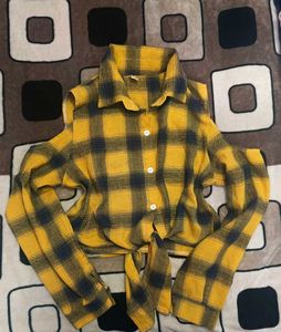 Yellow Plaid Cold Shoulder Tie-Front Top