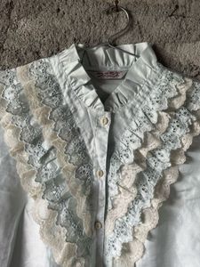 Soft Satin Retro Pastel Blue Frilly Lace- Blouse