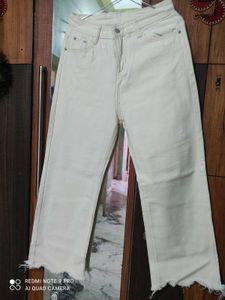 Cream Raw Hem Wide Leg Jeans