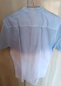 Men/Unisex Mandarin Collar Half Sleeve Jean Blue And White Shaded Shirt Size - 40
