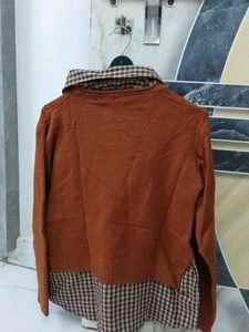 Brown Knit Sweater with Plaid