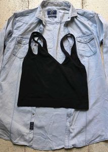 💥Combo💥 Denim Shirt With Black Tank Top
