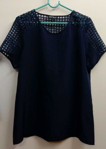 Navy Blouse with Lace Shoulder Detail