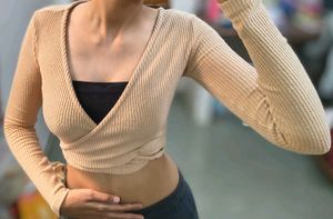 Beige Ribbed Wrap Crop Top with Long Sleeves