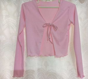 Pink Tie-Front Long Sleeve Top