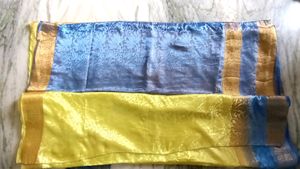 Party Ware Light Green &amp; Blue Colour Saree With Blouse