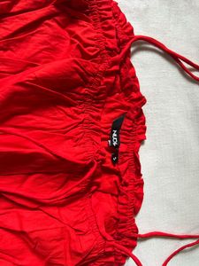 Red Smocked-Detailed Cotton Tiered Dress