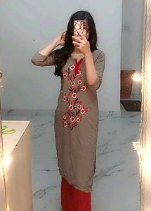 Elegant Grey And Red Embroidered Kurta With Plazo