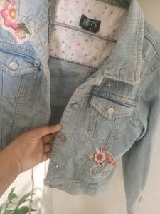 Girls&#39; Denim Jacket with Floral Appliques