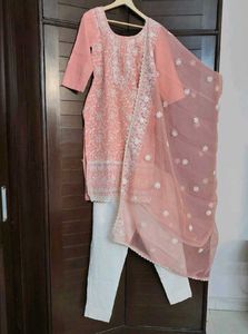 Women Peach Cotton Mix Chikankari Work Suit