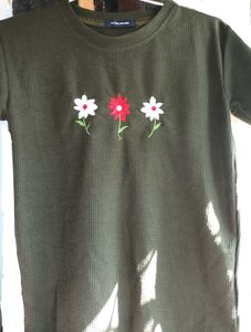 Olive Green Embroidered  Korean T Shirt