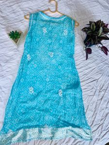 Sky Blue Sleevless Short Embroidery Kurti