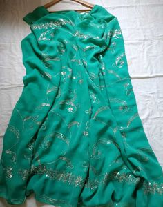 Unused Turquoise Sequins Saree