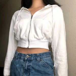 White Cropped Zip Hoodie
