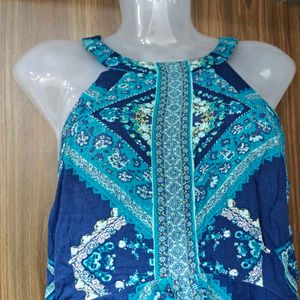 Blue Patterned Sleeveless Dress