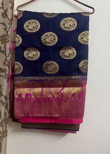 Navy Blue Semi Silk Saree With Stitched Blouse